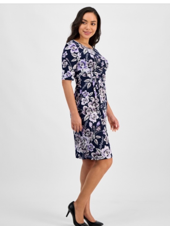 connected Dresses & Skirts - Connected Petite Printed Short-Sleeve Faux-Wrap Sheath Dress Size 6P